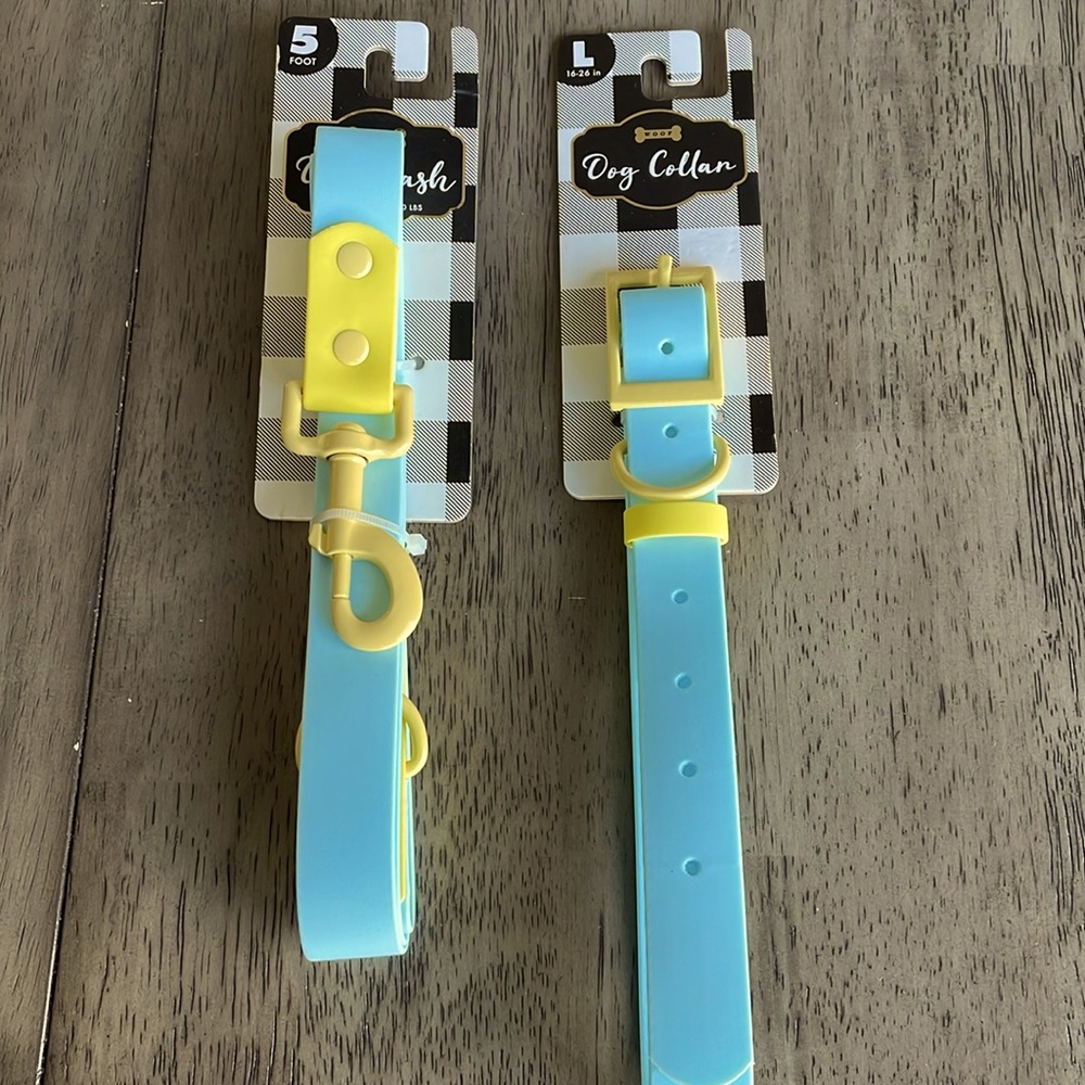 WOOF Dog Leash and Collar Set - Aqua/Yellow - Large